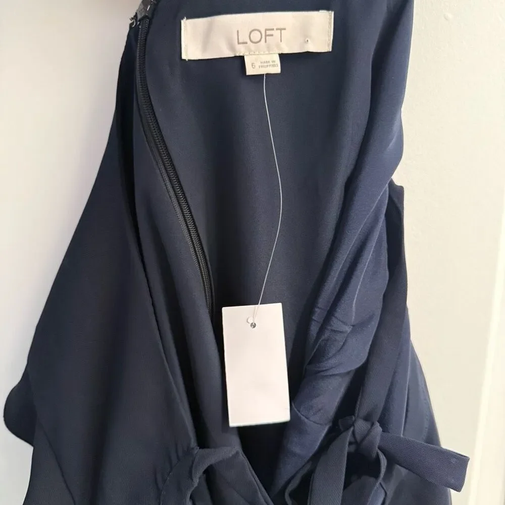 Loft Women’s Navy Blue Flutter Shirt Dress Tie Back Size 6
